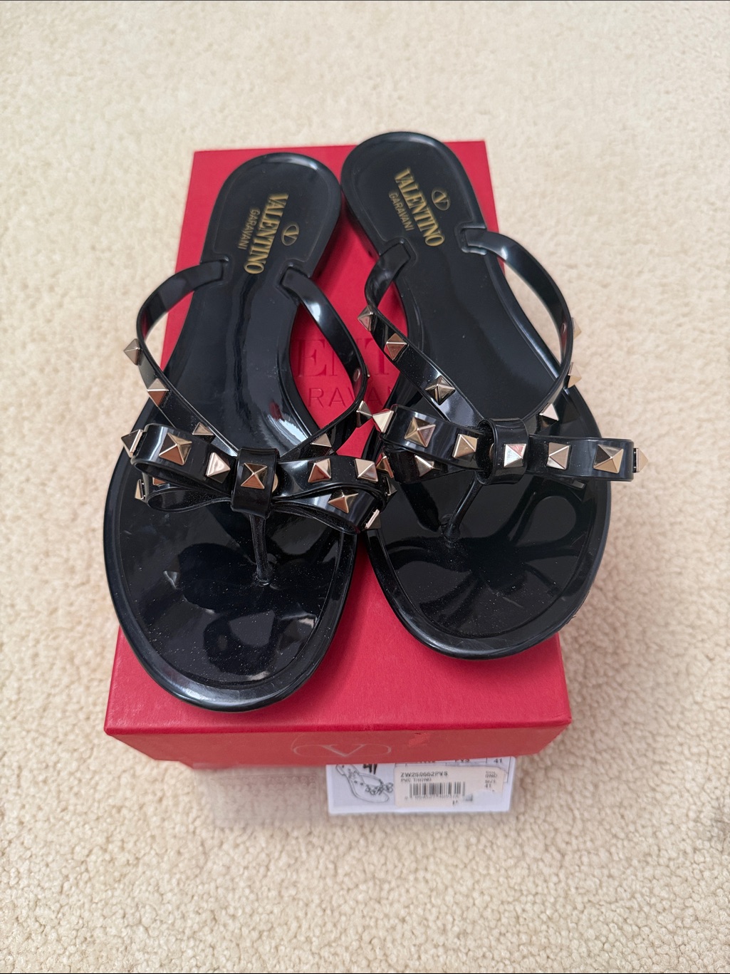 Valentino Black Studded Jelly Thong Sandals With Gold-Tone Studs